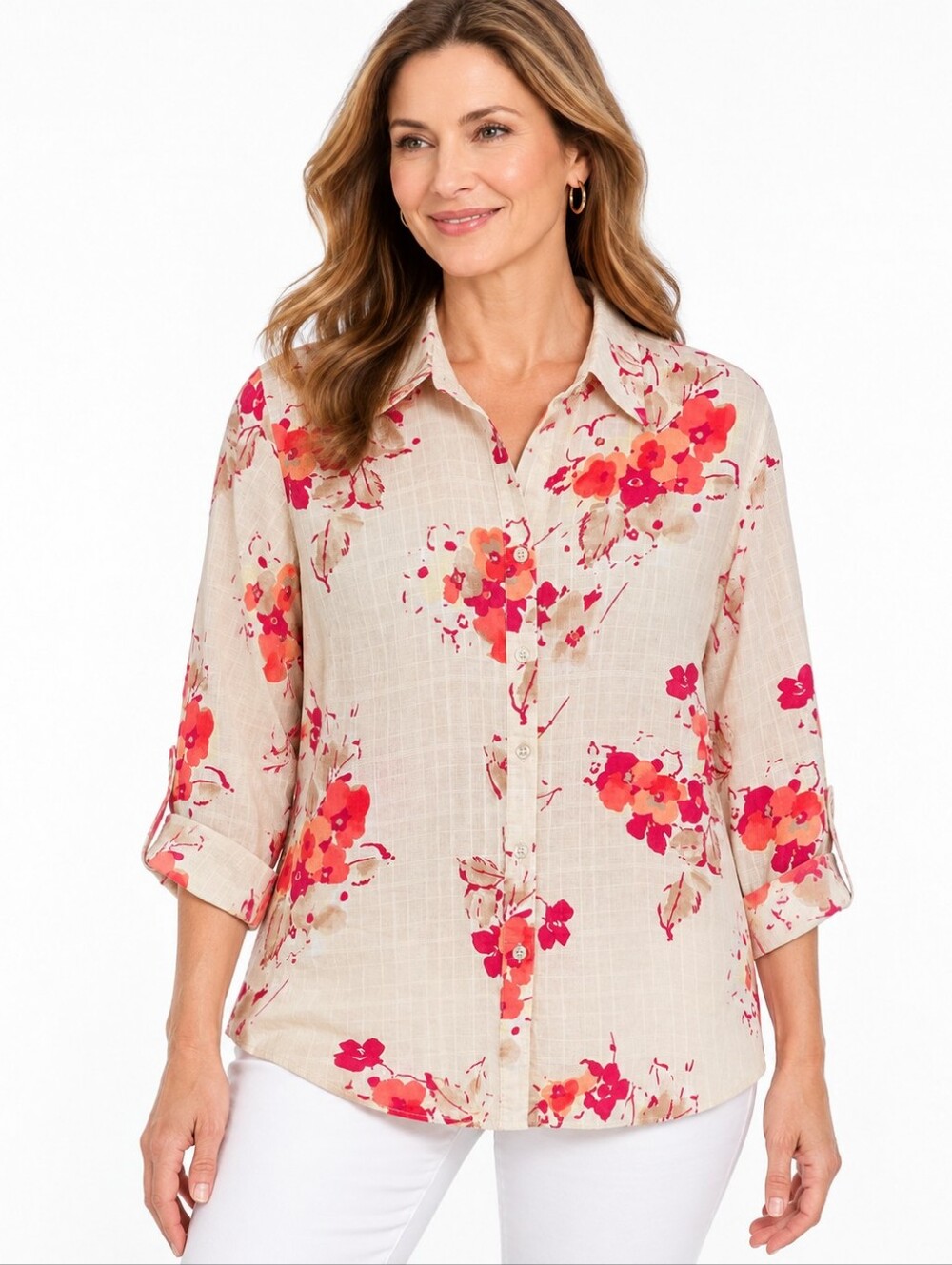 White Stag Floral Button Down Blouse L 12/14 Pink Orange Lightweight Shirt